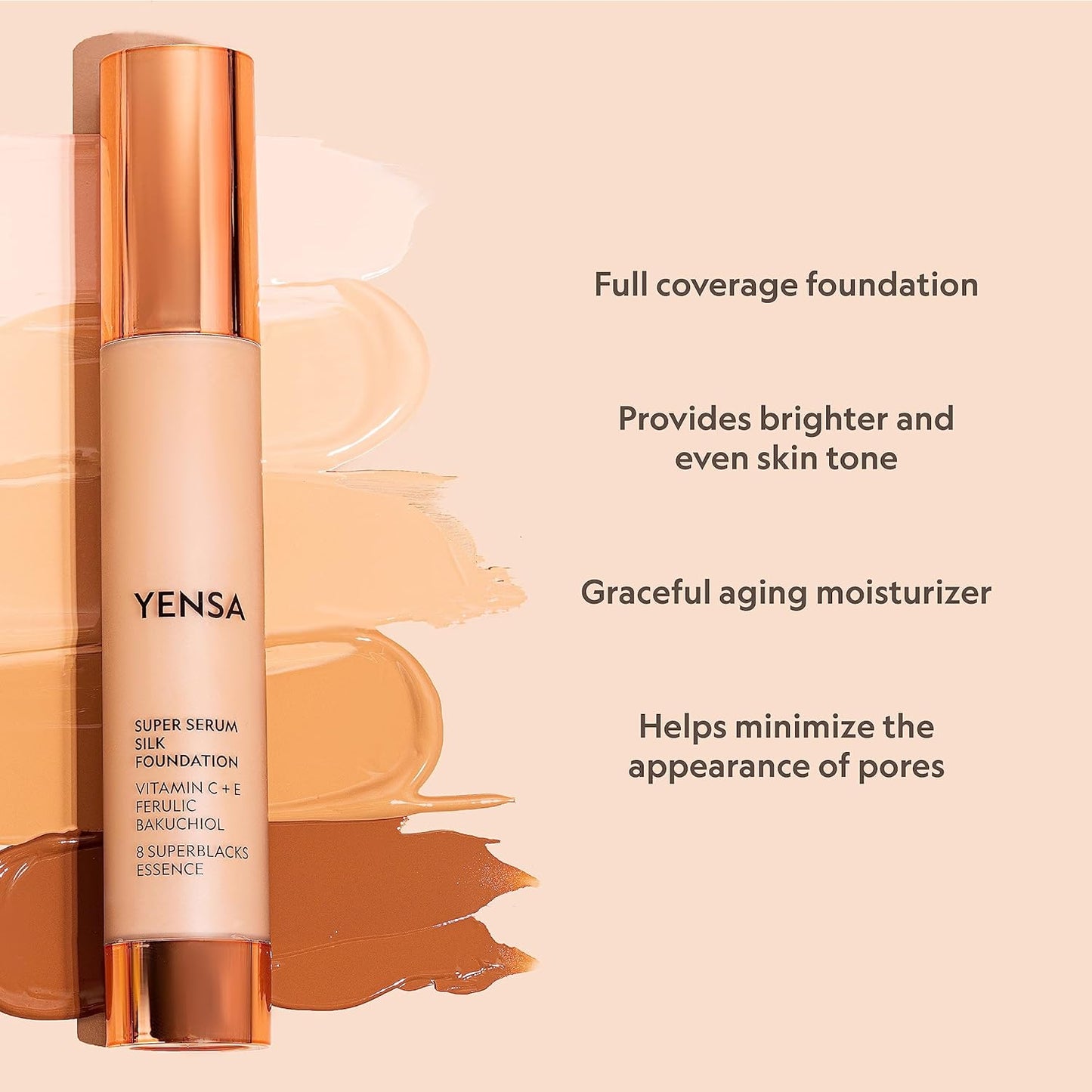 YENSA Serum Foundation Makeup - Super Silk Full Coverage Foundation Enriched with Peptides, Vitamin C & Ferulic Acid to Help Reduce Fine Lines, Wrinkles & Dark Circles - Deep 2 (1 oz)