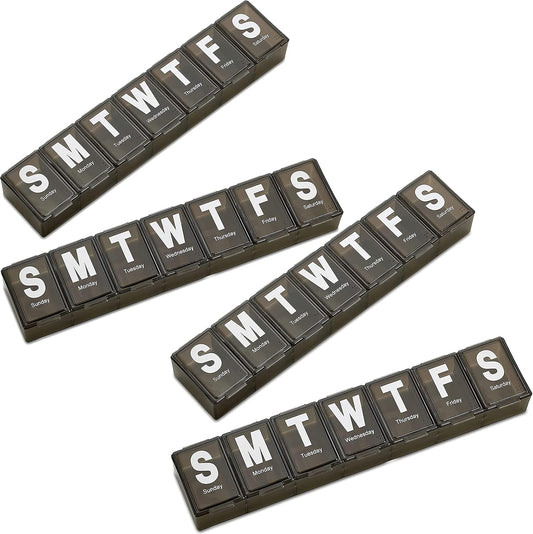 Weekly Pill Organizer - (Pack of 4) Extra Large Vitamin Container with Jumbo Easy to Read Letters, BPA Free - Daily Travel 7 Day Medication Pill Box Case, (Black)