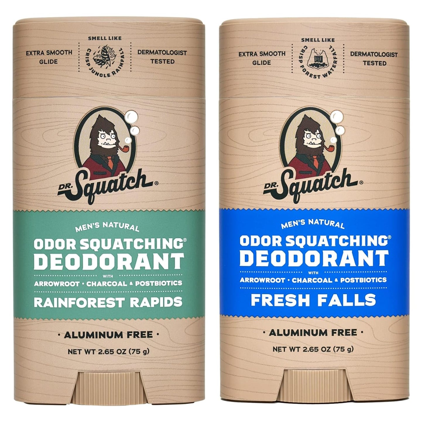 Dr. Squatch Natural Deodorant for Men - Odor-Squatching Aluminum Free - Rainforest Rapids & Fresh Falls (2.65 oz, 2-Pack)