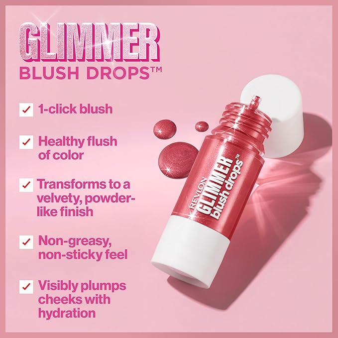 Revlon Glimmer Blush Drops, Liquid Blush for Cheeks, Liquid to Velvety Powder Finish, Glowy, High Pigment, 103 Field of Roses, 0.32 fl oz