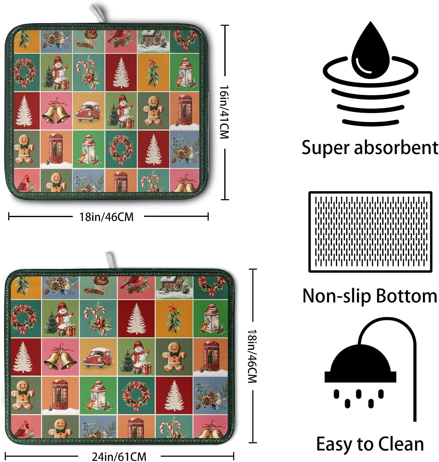 Christmas Dish Drying Mats for Kitchen Counter Cute Xmas Holiday Dish Drainer Pad Microfiber Absorbent Winter Dish Draining Mat Washable Dish Drainer Rack Mat Medium 16x18 Inch
