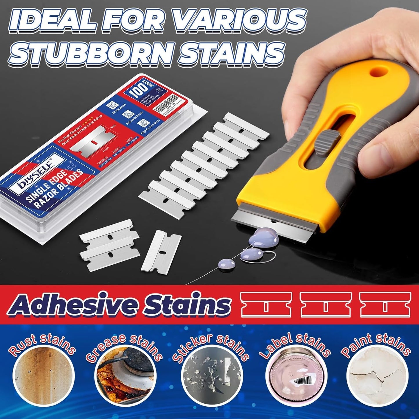 DIYSELF 400PCS Single Edge Razor Blades Heavy Duty, Razor Blades for Scraper, Single Edge Blades for Scraping, Flat Razor Blades Refills for Labels, Stickers, Decals, Paint from Glass and Stovetop