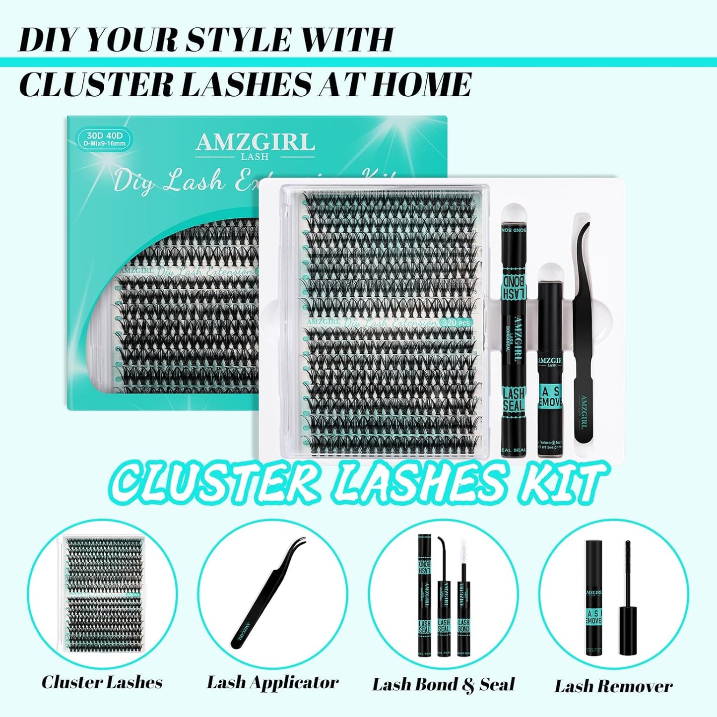 Lash Clusters Kit 320Pcs,30D 40D Eyelash Extension Kit,Lash Bond and Seal Waterproof,Lash Remover for Individual Cluster Lashes Kit,Lash Applicator Tool for DIY Lash Extension Kit(D-Mix9-16mm Kit)