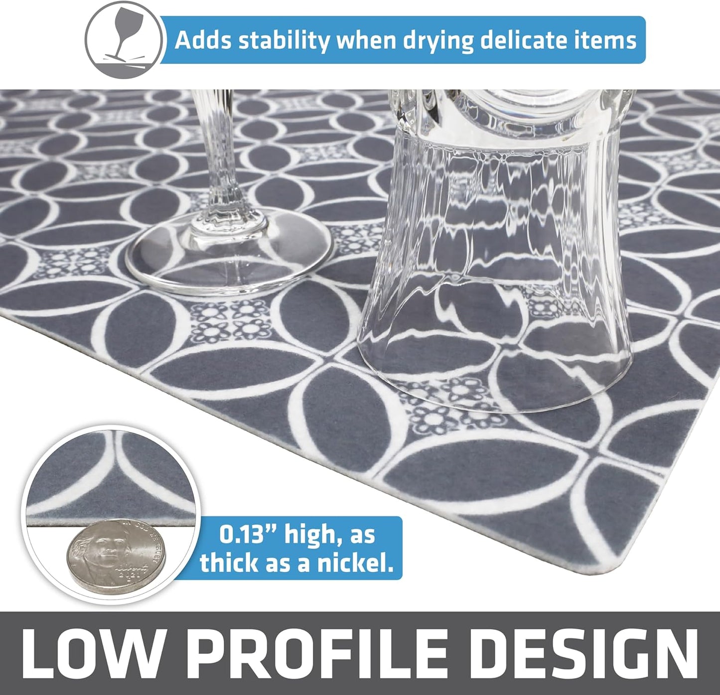 Drymate XL Dish Drying Mat, Oversized (19”x24”), Low-Profile, Super Absorbent, Quick Dry Fabric, Waterproof & Slip-Resistant, for Kitchen Counter, Trimmable, Easy to Clean (USA Made)(Indigo Grey)