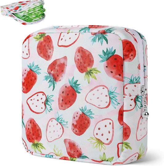Desing Wish Period Bag Pouch Soft Cloth Sanitary Napkin Storage Bag Portable Menstrual Pad Pouches Tampon Holder for Purse First Period Kit for Girls 9-12 (Strawberry)