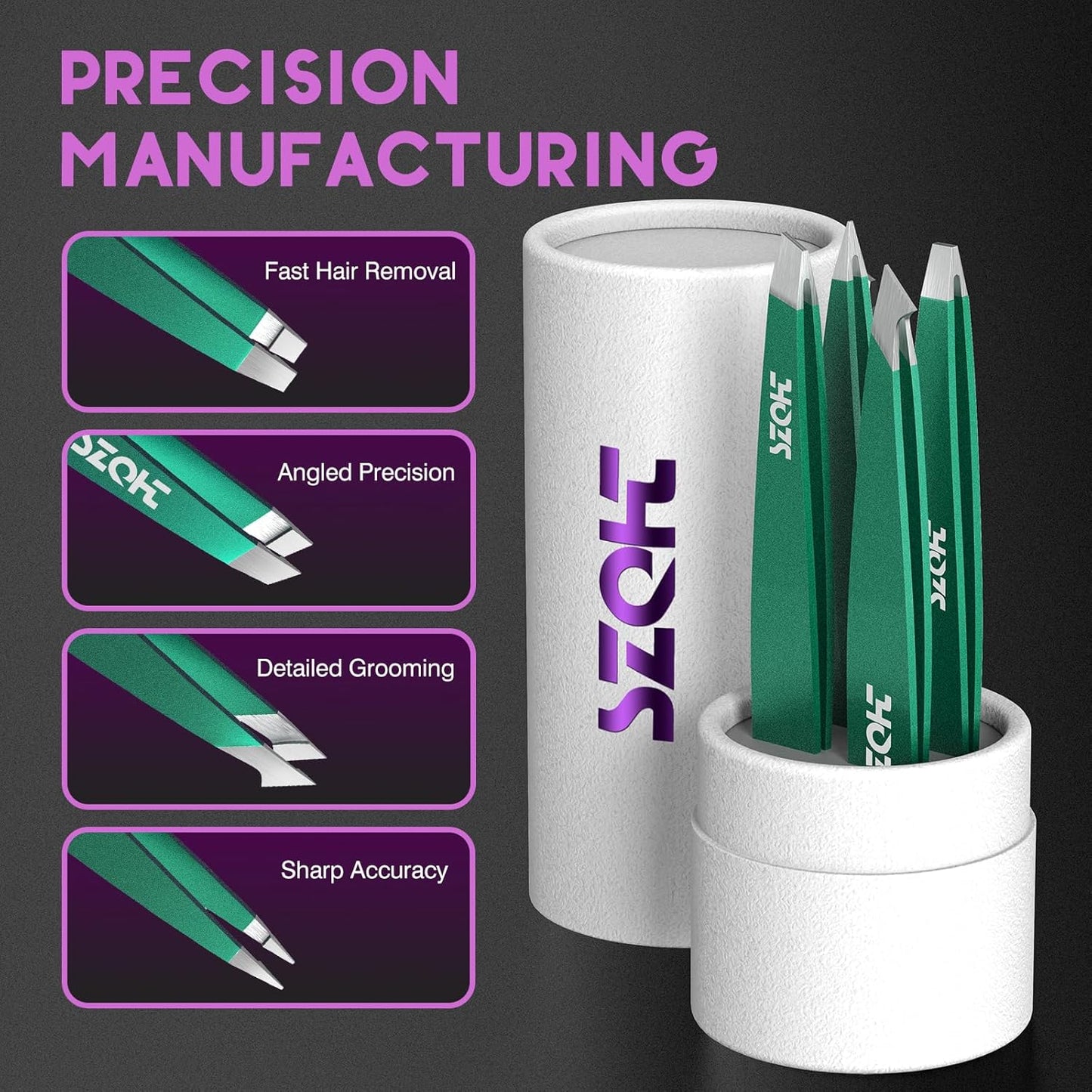 Professional Tweezers Set for Eyebrows – 4PC Precision Stainless Steel Tweezers Kit with Slant, Pointed & Flat Tips – Eyebrow Hair Removal Tool for Women & Men – Eco-Friendly Paper Tube Packaging