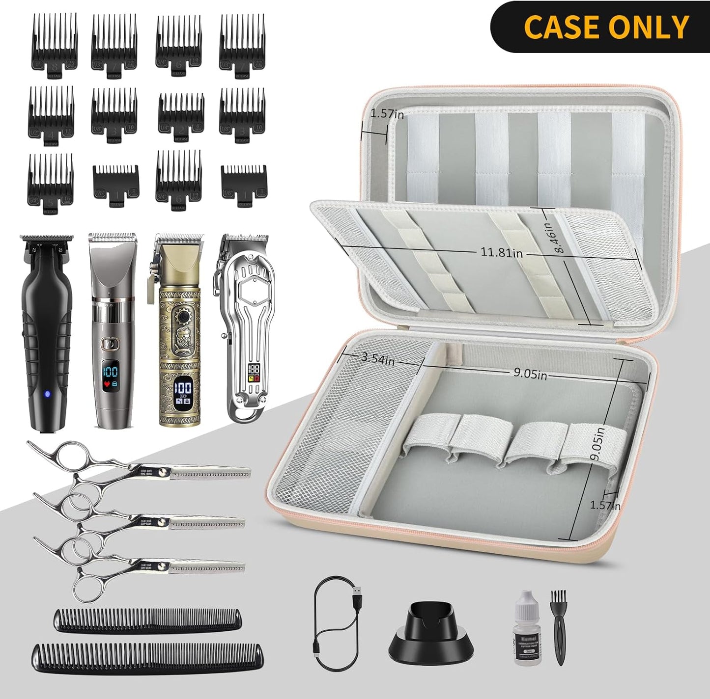 Boobowl Hard Travel Case for Hair Clippers, Hair Cutting Barber Supplies Organizer Bag, Trimmer Storage Holder for Ufree/for Wahl/for Andis Men Razor Guard Grooming Kits -Gold