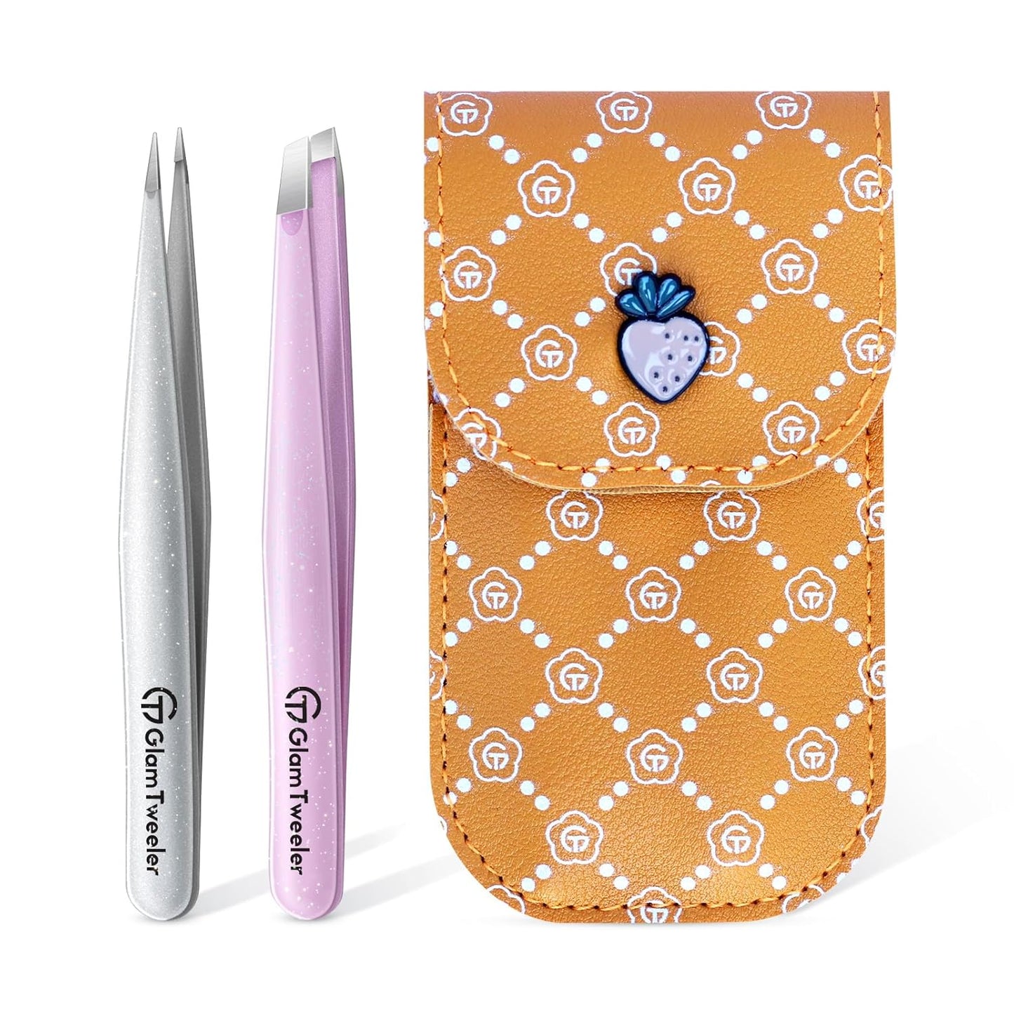 Expert Slant and Point Tip Tweezer Set with Exclusive Storage & Carrying Case, GlamTweeler Sharp & Precision Tweezer Set for Eyebrows, Facial Hairs & Fine Hairs Removal (Sparkle Baby Pink + Silver)