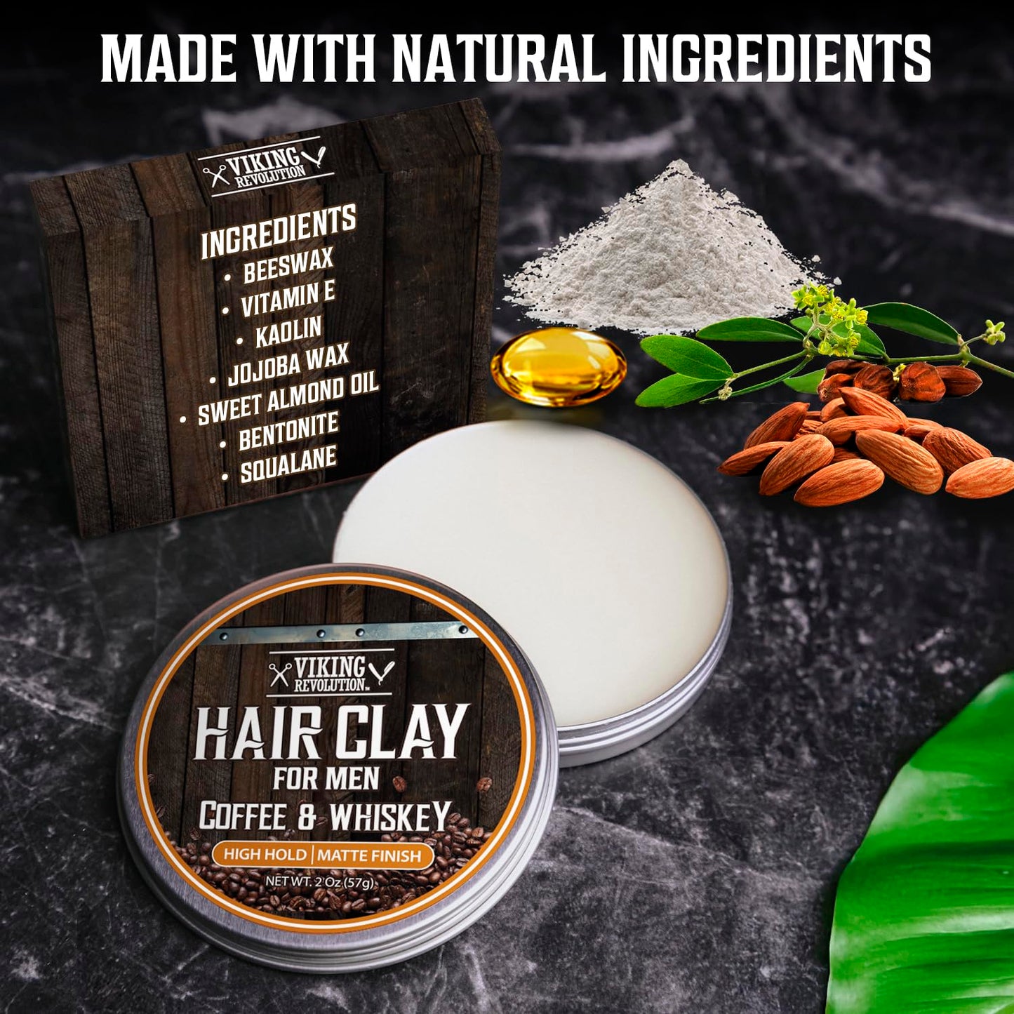 Viking Revolution Coffee & Whiskey Hair Clay for Men - Matte Finish, Texturizing Clay Pomade for Men with Jojoba Oil and Vitamin E - Effortless Hair Styling Cream - Strong Hold, Natural Finish (2 oz)