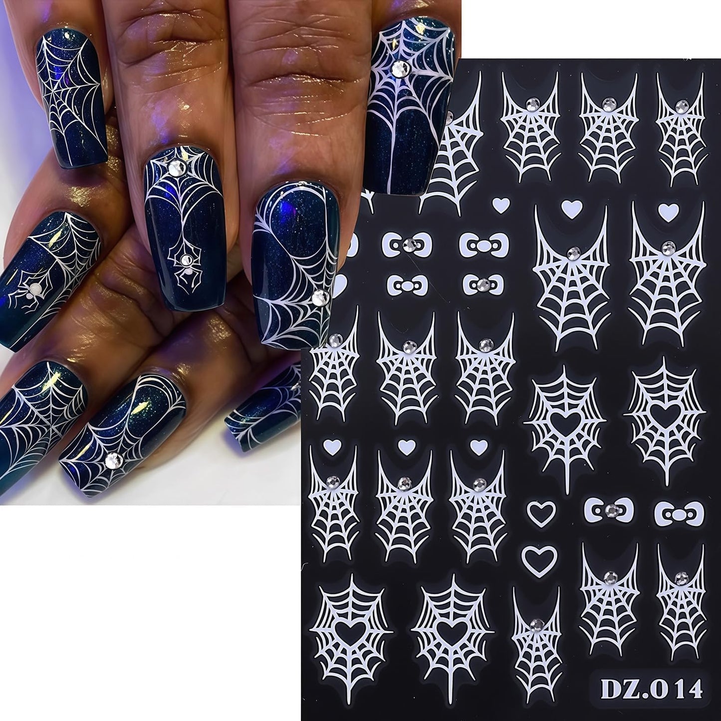 6 Sheets Shining Crystal Diamond Spider Web Nail Stickers for Nail Art Self-Adhesive Halloween Nail Decals Spider Web Spiders Stickers Fall Holiday DIY Manicure Decoration Supplies Sticker for Women