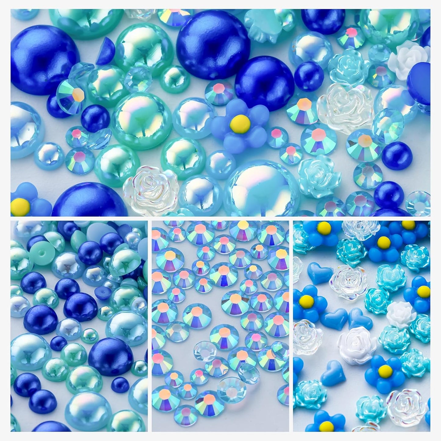 160g Cyan Blue Flat Back Pearls Rhinestones for Crafts Mixed Size 3mm-10mm AB Color Round Half Pearls Flatback Pearl Beads and Resin Rhinestones Set for Face Art