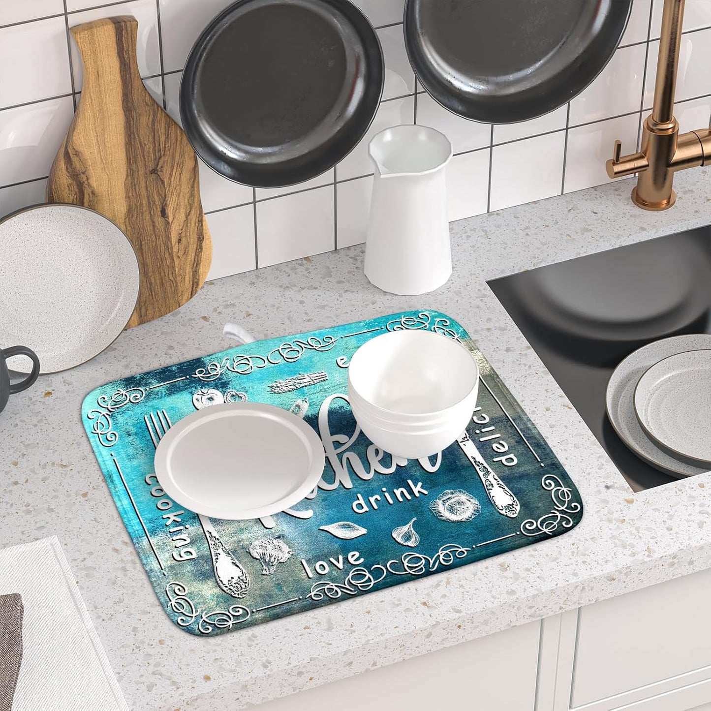 Blue Grey Dish Drying Mat 16x18 Inch Cooking Delicious Absorbent Drying Pad Heat Resistant Dish Drainer Mats for Kitchen Countertop