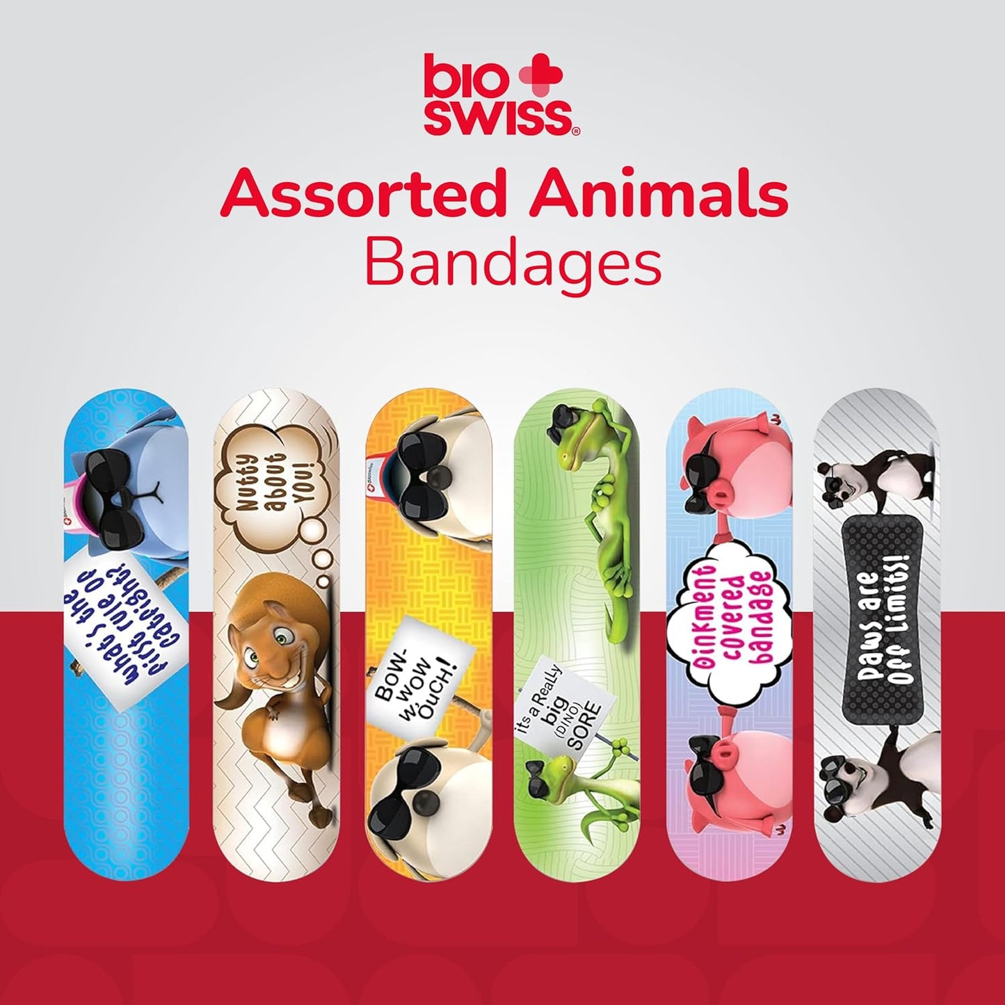 BioSwiss Kids Bandages, Assorted Animal Shaped Variety Self Adhesive Bandage, Latex Free, Sterile Wound Care, 100 Count