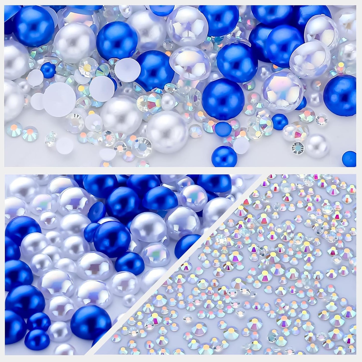 60g Blue White Pearls Rhinestones for Crafts Mixed Size 3mm-10mm AB Color Round Half Pearls Flatback Pearl Beads and Resin Rhinestones Set for Face Art with Gel