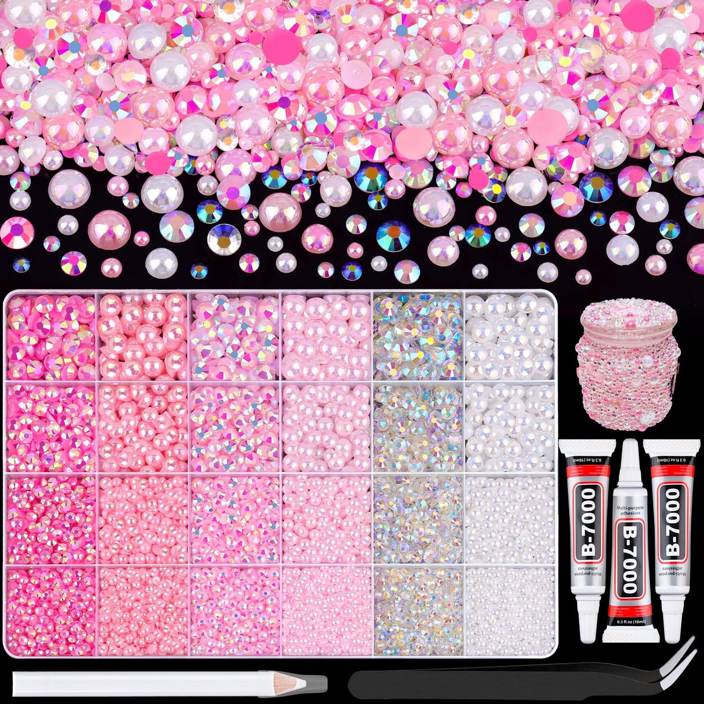 9000Pcs Flatback Pearls and Rhinestones for Crafting, Pink White Mixed Size 3-8mm Resin Rhinestones and Half Pearls for Bedazzling, Nail Art and Decoration with 3pcs B7000 Jewelry Glue
