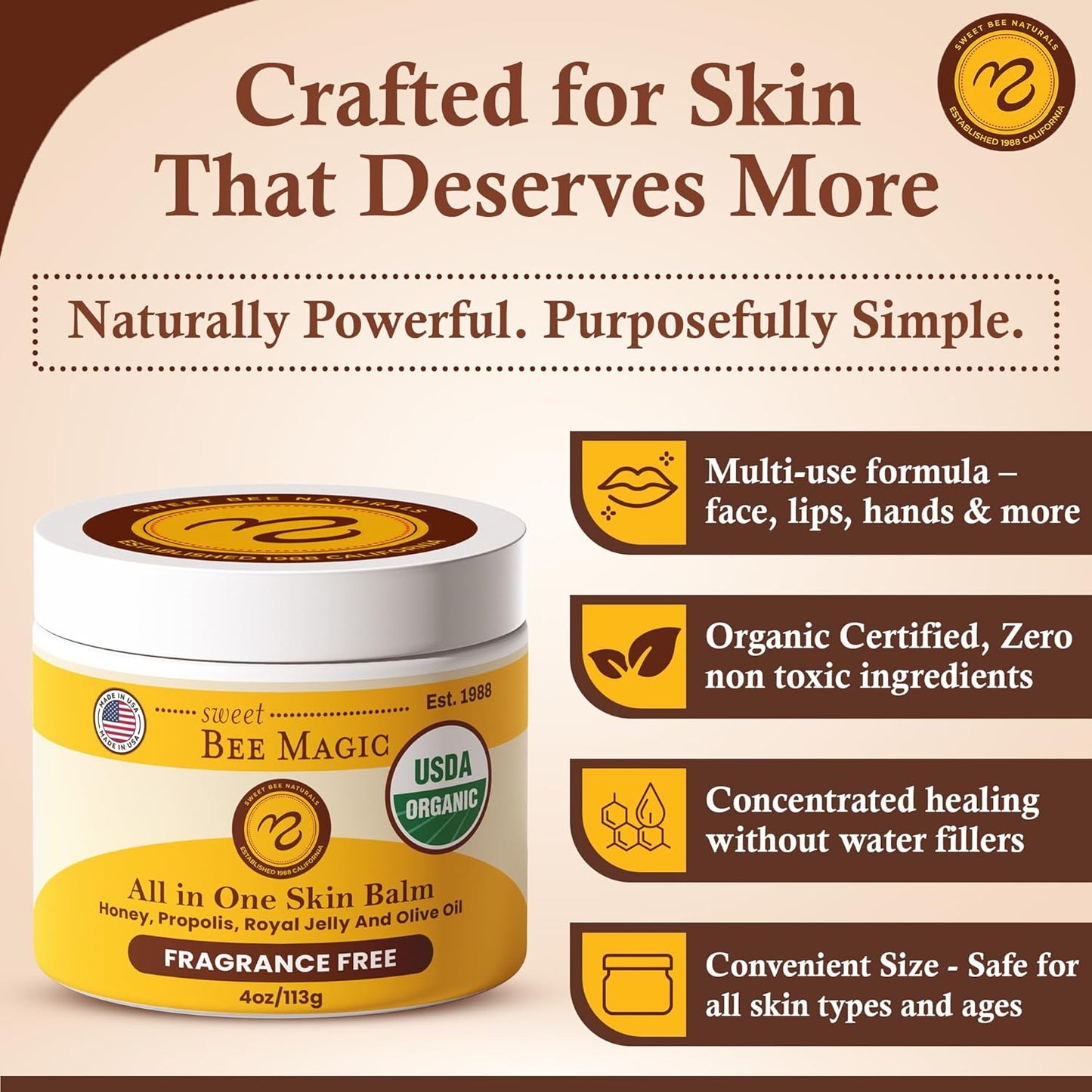 Sweet Bee Magic All In One Healing Organic Balm - Natural Skin Healing Cream, Beeswax Balm for Dry Skin, Face & Body Moisturizer - Certified Organic, All Natural Aid - 1 Jar (4oz)