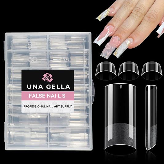 UNA GELLA No C Curve Medium Square Nail Tips 216 Pcs Pre-file Half Cover Straight Square Gel Nail Tips Clear Fake Nails Tips Half Matte Long Lasting For Nail Extension Home DIY Salon 12 Sizes