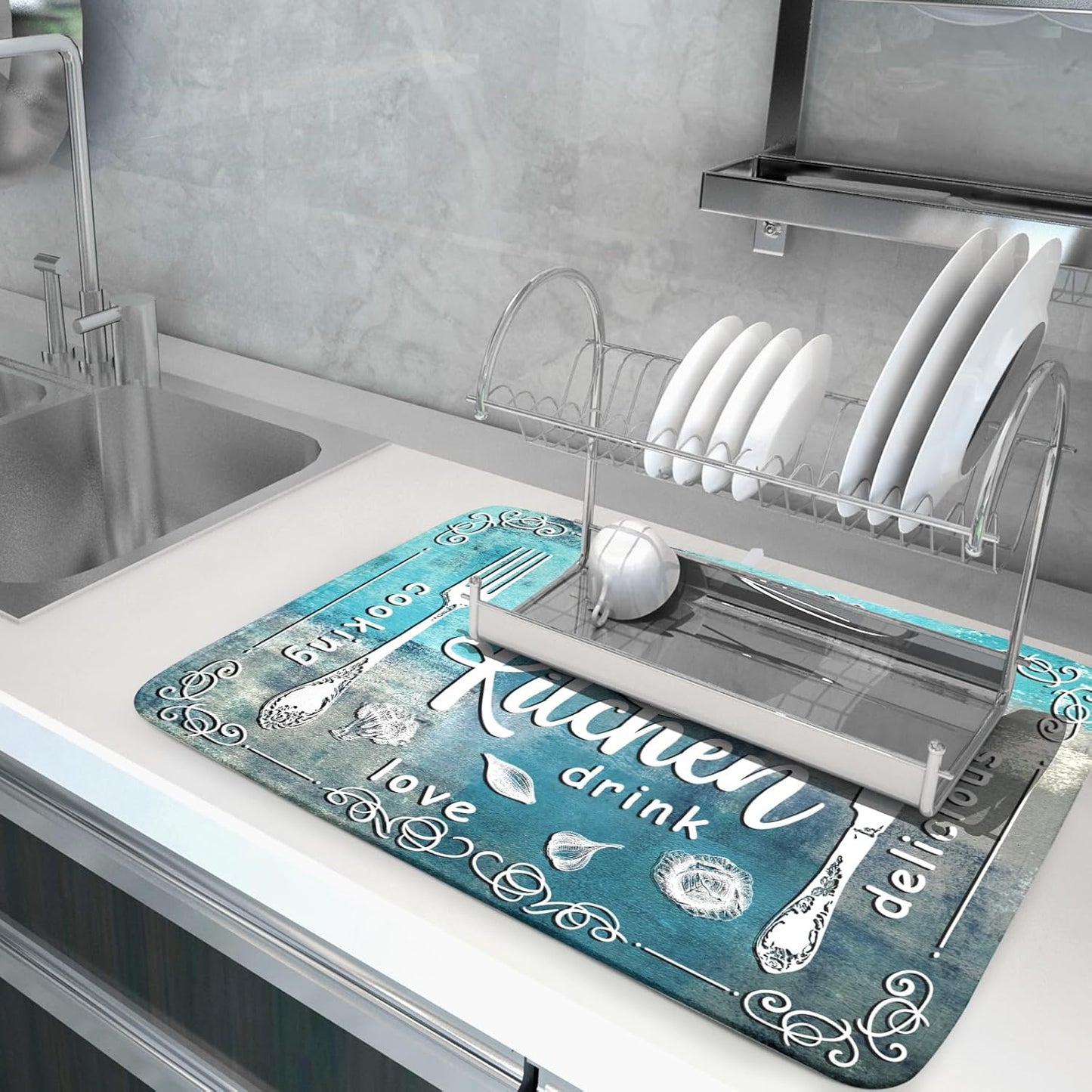 Blue Grey Dish Drying Mat 18x24 Inch Cooking Delicious Absorbent Drying Pad Heat Resistant Dish Drainer Mats for Kitchen Countertop