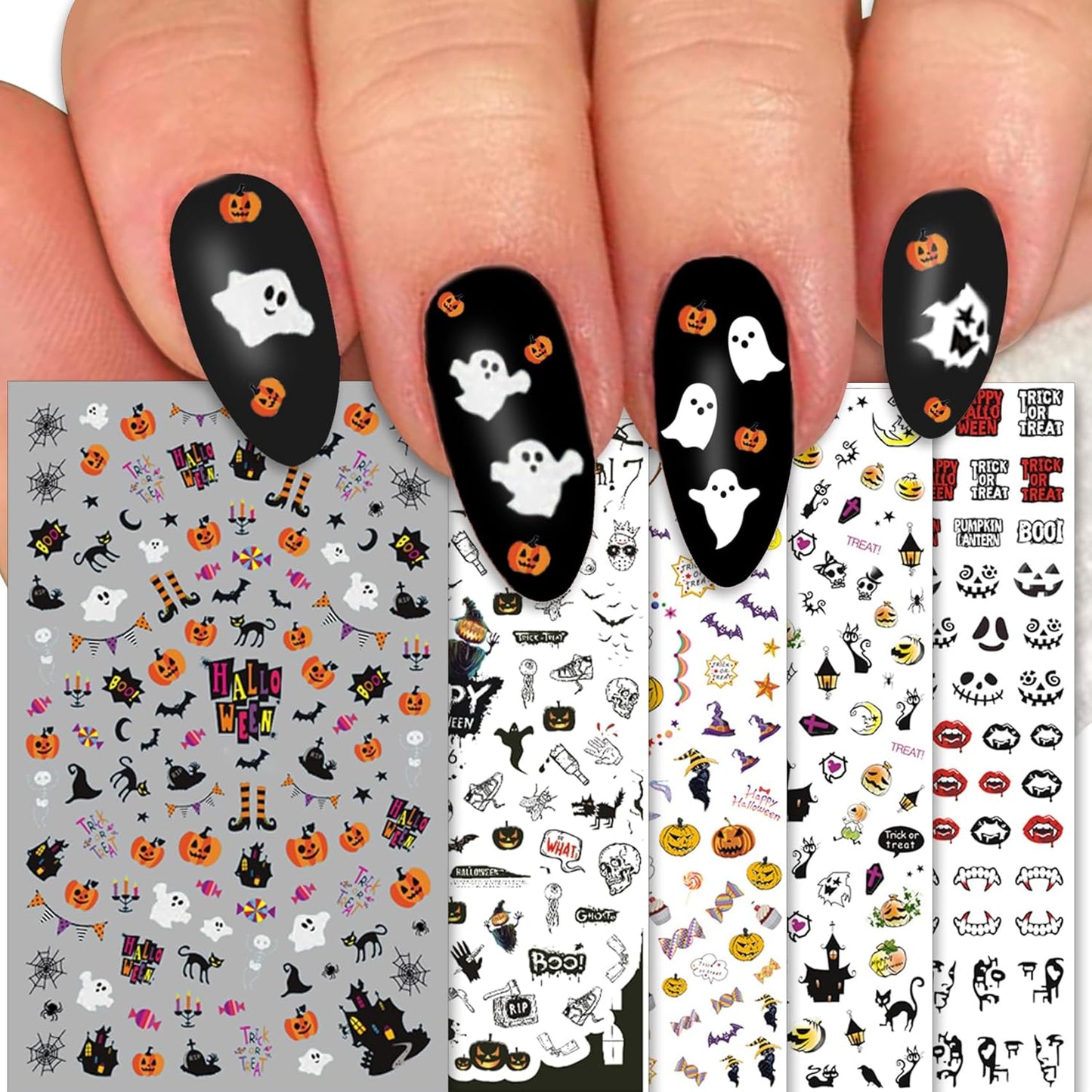 TailaiMei 1500 Pcs Halloween Nail Decals Stickers, 12 Sheets Self-Adhesive DIY Nail Art Tips Stencil for Halloween Party, Include Pumpkin/Bat/Ghost/Witch etc