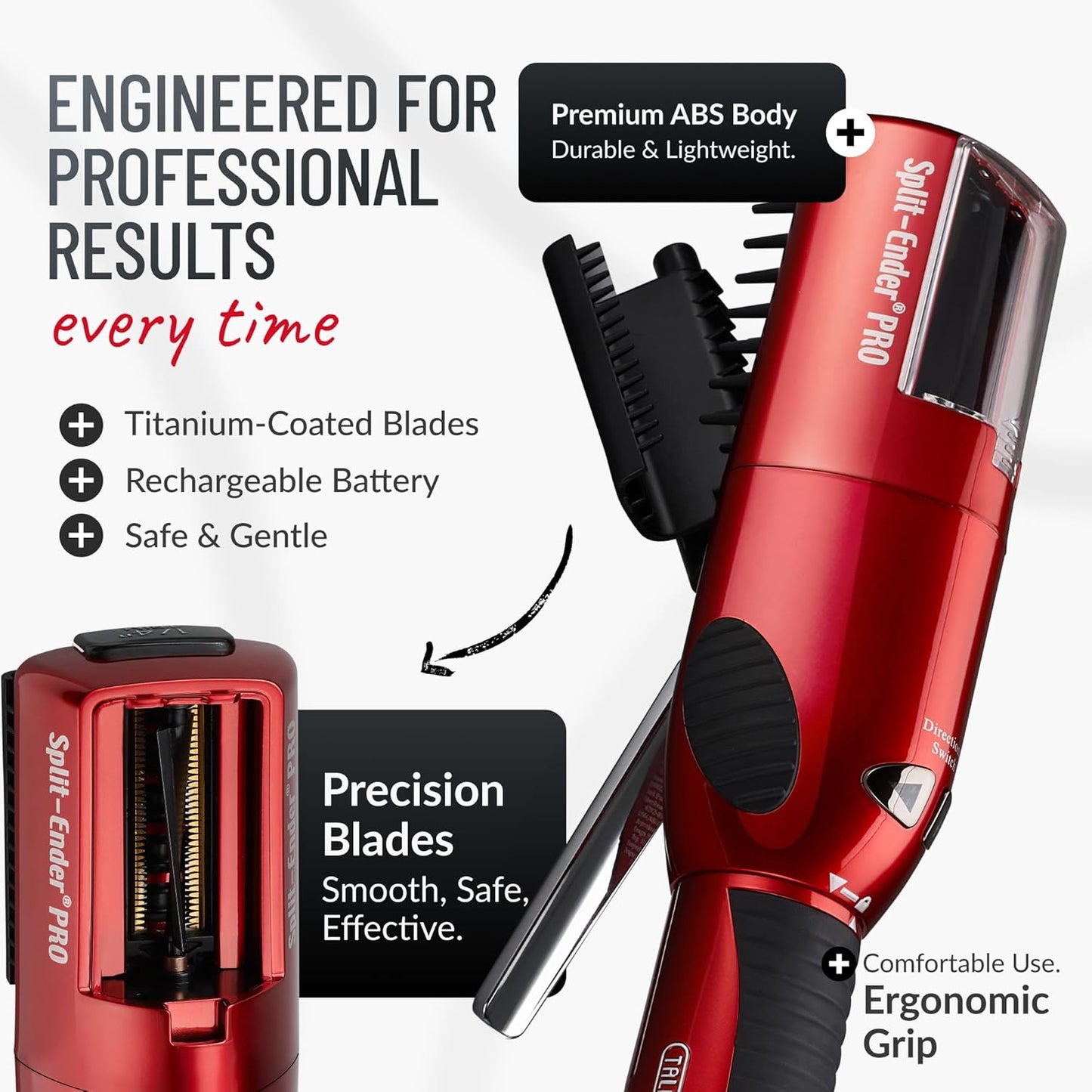 Split-Ender PRO - Original Professional Beauty Tool - Cordless Split End Hair Trimmer for Damaged, Dry, Brittle, Frizzy, Curly or Straight Hair (Red, Professional Kit)