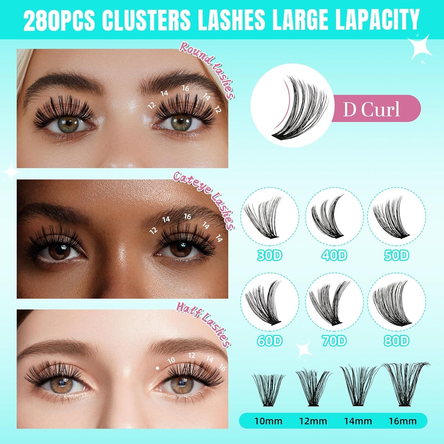 Lash Clusters Wispy 280PCS Eyelash Extension 60D Cluster Lashes Individual Lashes DIY Lash Extension Natural Look Cluster Eyelash Extensions Soft False Eyelashes at Home for Beginners(14mm)