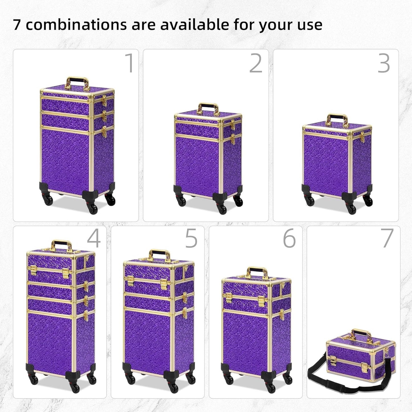 Rolling Makeup Case, Makeup Train Case with Lid, 5 in 1 Cosmetology Case on Wheels, Christmas Gift, Large Makeup Organizers, Profesional Cosmetic Case for Salon Barber, Purple Gold