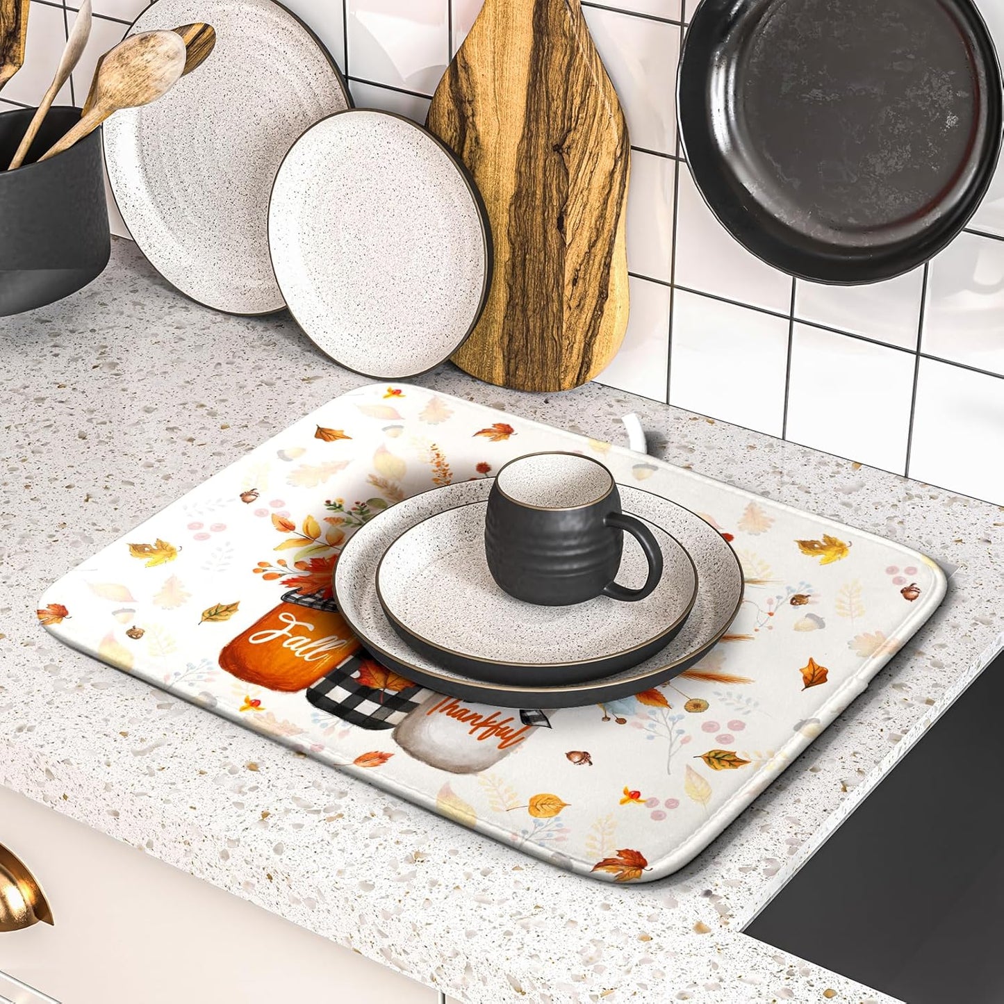 Autumn Pumpkin Dish Drying Mat 16x18 Inch Sunflower Flower Vase Washable Draining Mat with Hanging Loop Seasonal Holiday Home Decoration