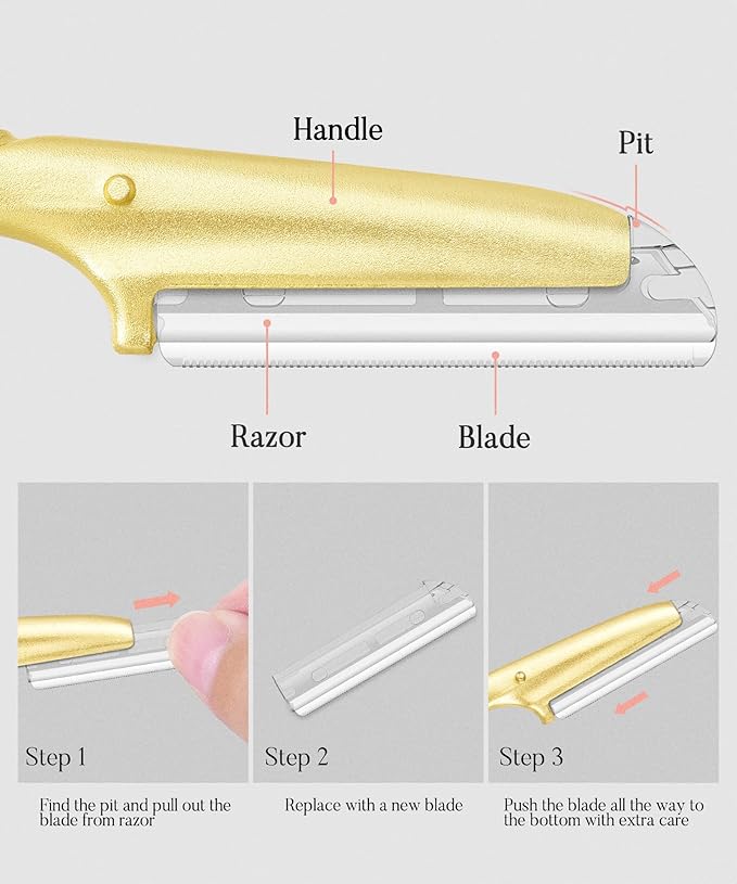 ennva Eyebrow Razor for Women - Eyebrow Trimmer Dermaplaning Tool- Ergonomic Eyebrow Shaper and Facial Razor for Peach Fuzz-Exfoliating Face Razor for Eyebrows-Eye Brow Shaver Razors w/ 7 Blades- Gold