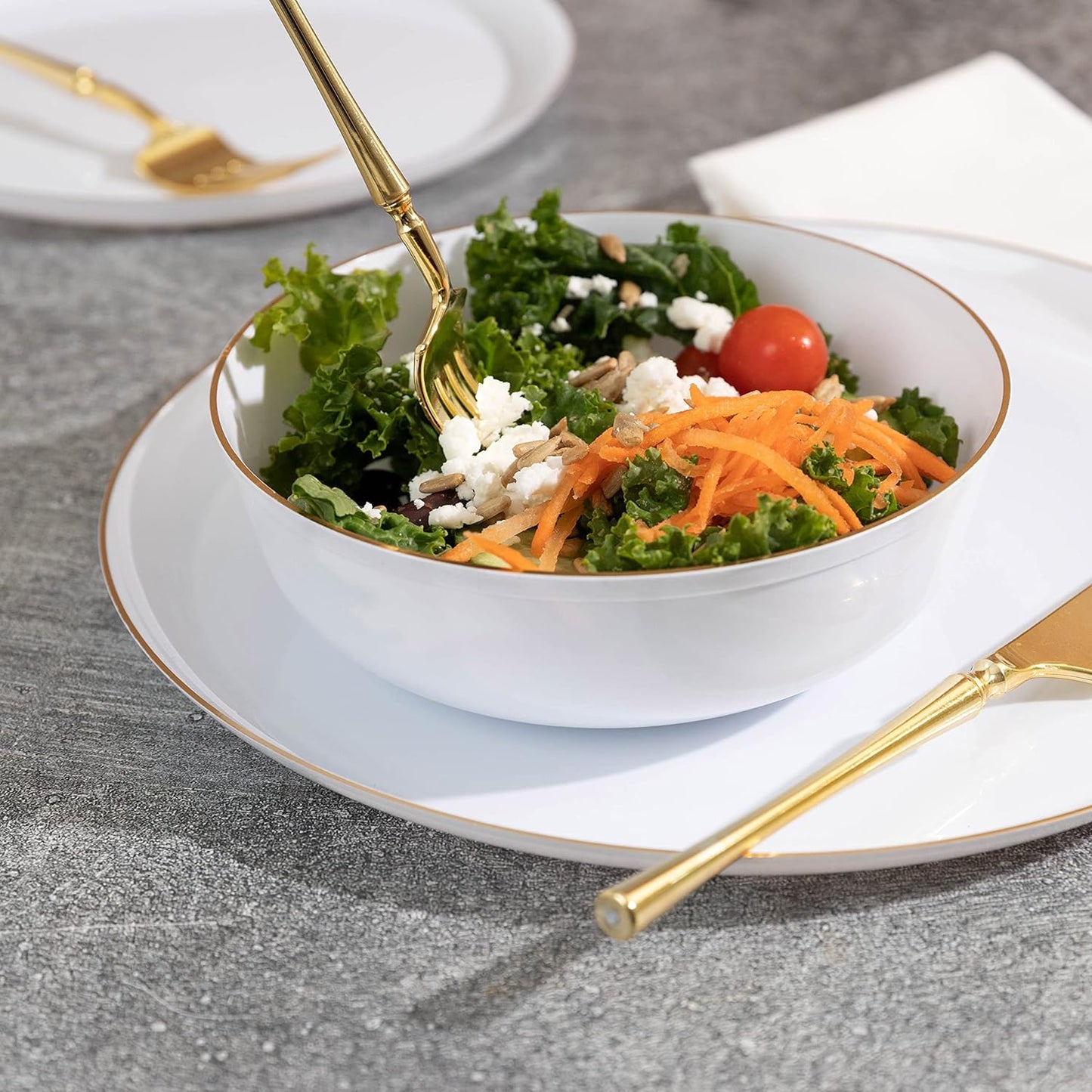 [30 Pack 16 OZ Bowls] Edge Collection White with Gold Rim Plastic Party Soup Bowls Premium heavyweight Elegant Disposable Tableware Dishes