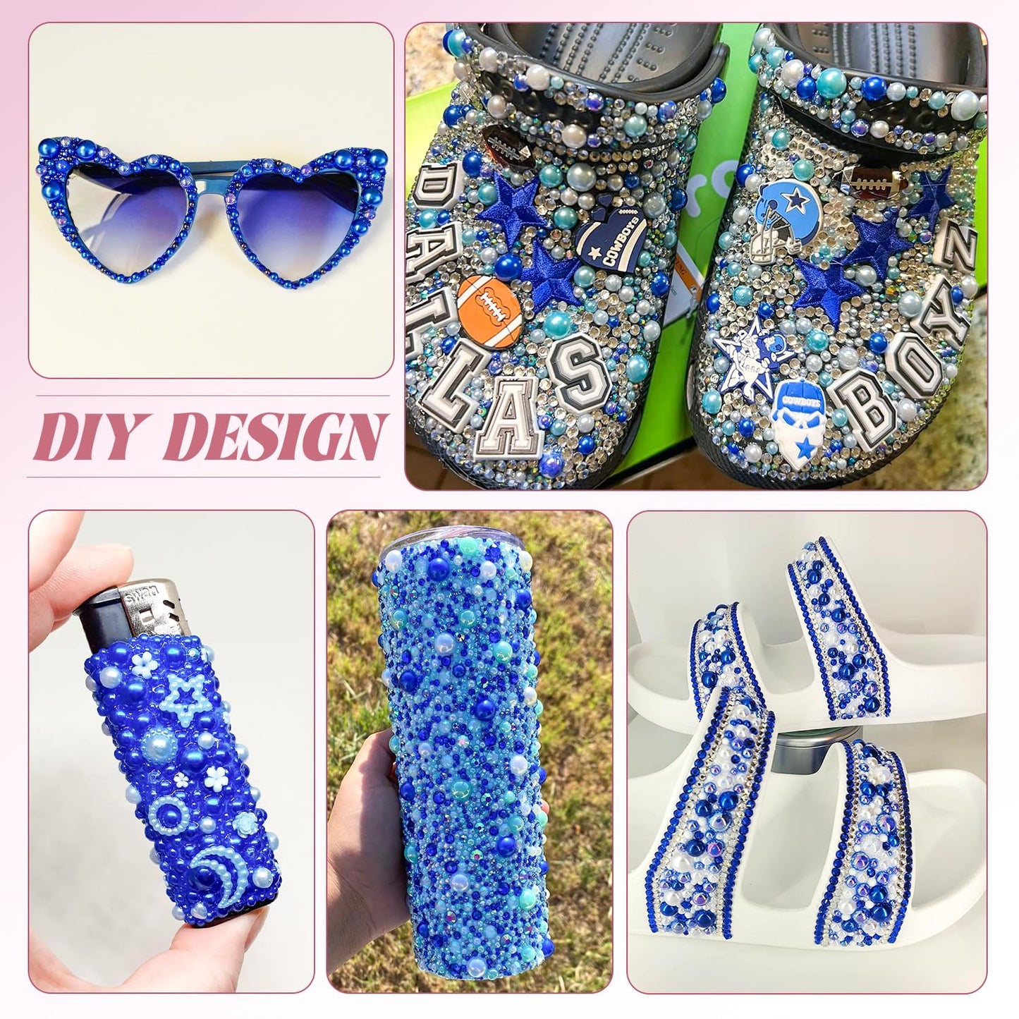 9000Pcs Flatback Pearls and Rhinestones for Crafting, Blue Series Mixed Size 3-8mm Resin Rhinestones and Half Pearls for Bedazzling, Nail Art with Tweezers and Pickup Pencil