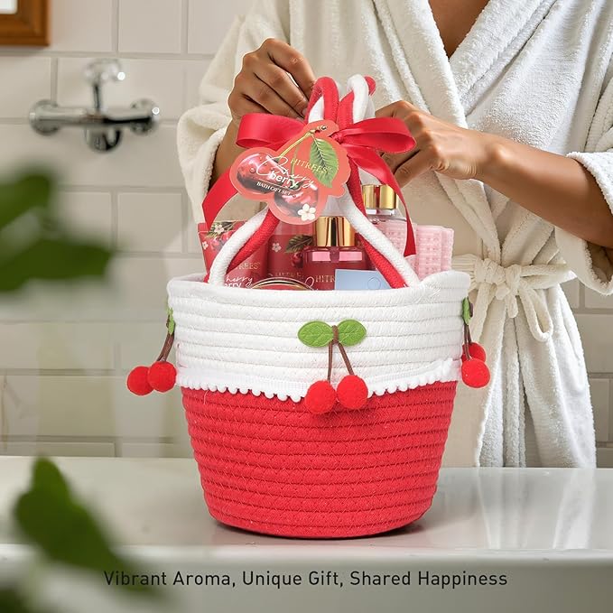 Spa Gifts for Women, Cherry & Berry Spa Gift Set for Teenage Tote Bag, Shower Gel, Hand & Body Lotion, Hitrees Birthday for Best Friend Woman, Mom, Mothers Day