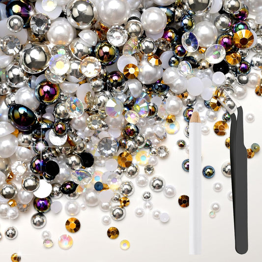 80g Mix Flatback Pearls and Rhinestones for Crafts Black White Mixed Size 2mm-10mm Half Round Pearls Rhinestones for Nail Art Tumblers Shoes DIY Bedazzling with Tweezers Wax Pen