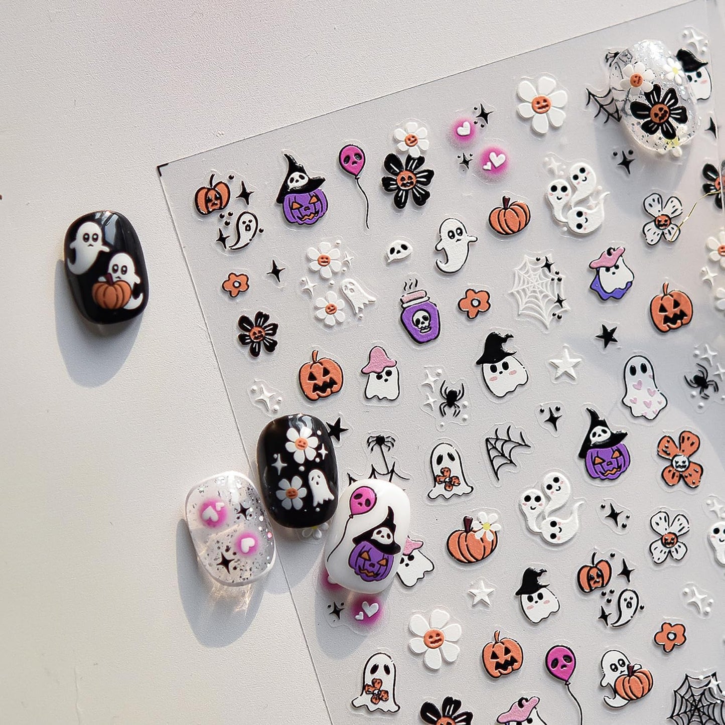 Halloween Ghost Nail Stickers 5D Embossed Halloween Nail Decals for Nail Art Designs Self Adhesive Cute Pumpkin Spider Nail Art Stickers Flower Nails Supplies for Women Nail Manicure