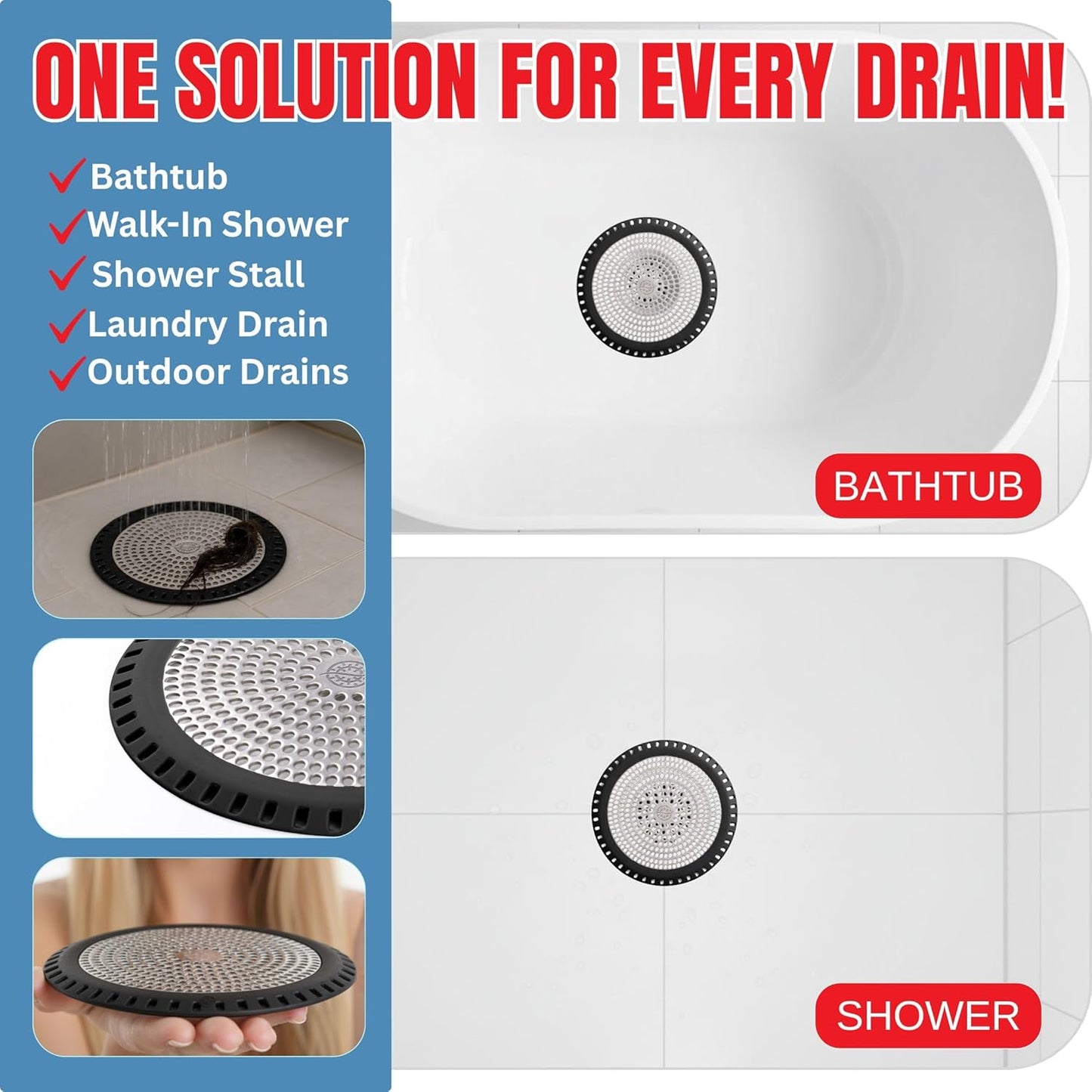 Shower Drain Hair Catcher – Ultra ShowerRing 5" Drain Cover for Flat & Domed Floors | Stainless Steel Hair Trap with Silicone Rim | High-Flow Strainer Prevents Clogs - Black