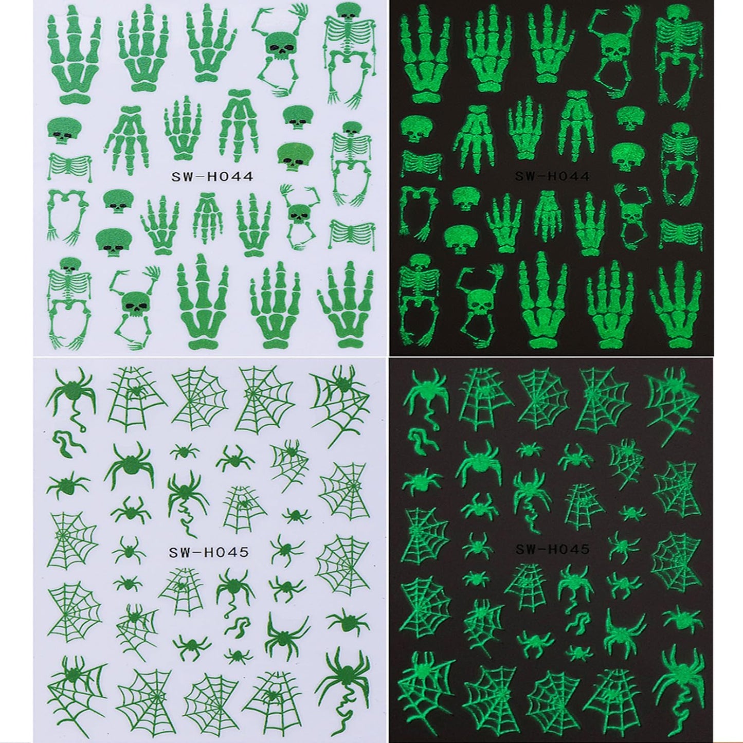 Luminous Halloween Nail Art Stickers Decals Cute White Ghost Nails Stickers Skeleton Spider Web Nails Decals Self-Adhesive Glow in The Dark Nail Art Decal for Women Halloween Decor