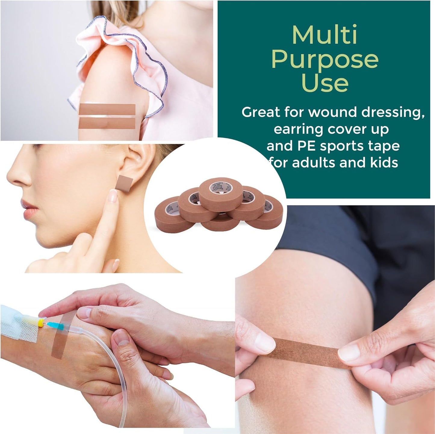 Tan Surgical Tape 0.5" x 11yd (6 Rolls) +10pc Gauze Pads | Microporous Micropore Tape | Skin Coloured Nose Tape|Medical Tape for Skin, Dressings,Face, Wound Care | First Aid Bandage Tape