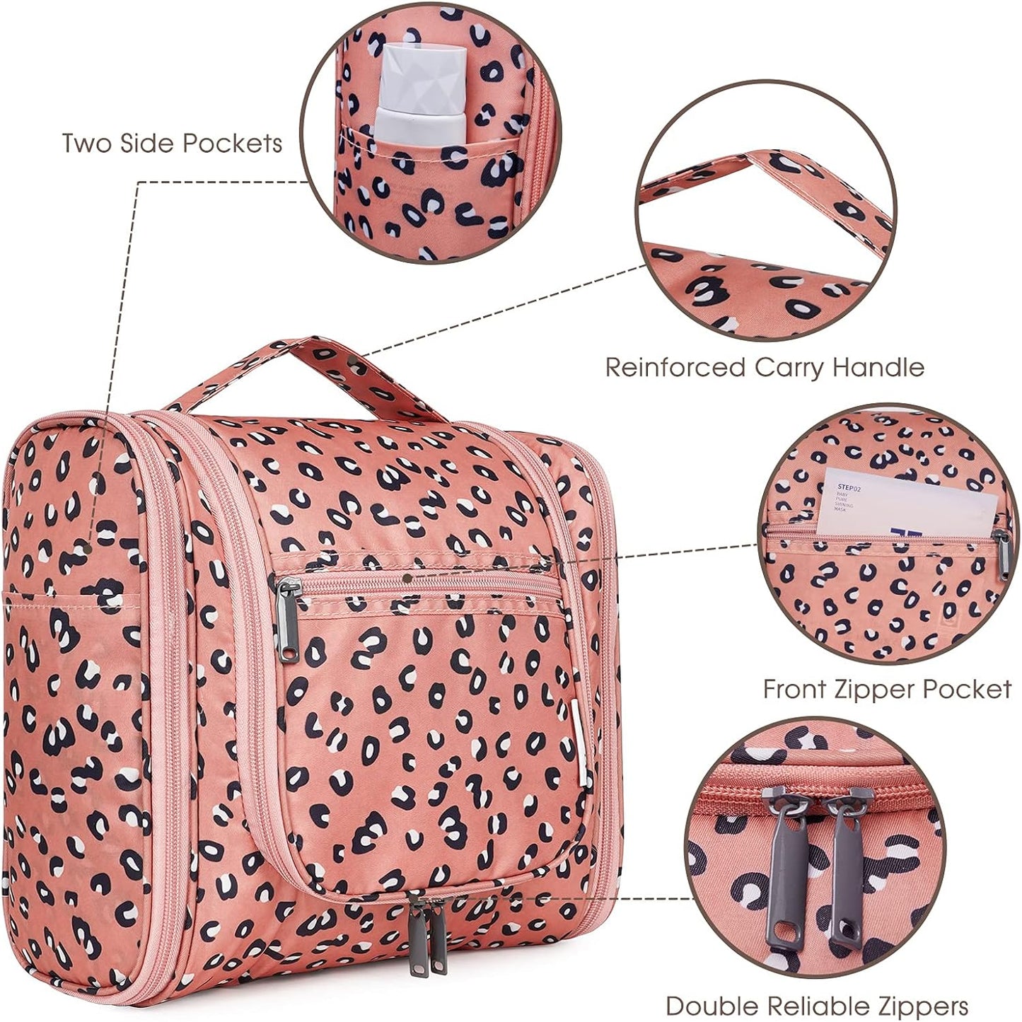 Narwey Hanging Cheetah Toiletry Bag for Women Travel Makeup Bag Organizer Toiletries Bag for Cosmetics Essentials Accessories (Large, Orange Leopard)