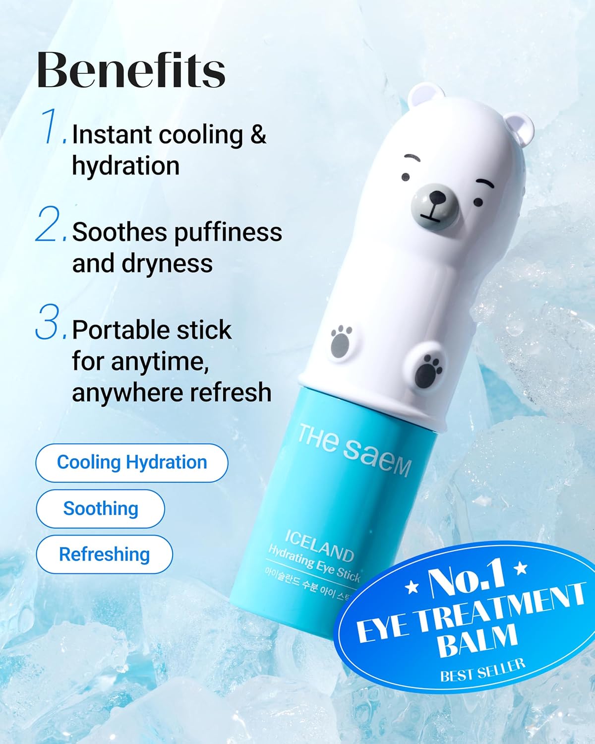 THESAEM Iceland Hydrating Eye Stick - Cooling Balm - Dark Circles & Puffiness – Under Eye Treatment - Reduce Wrinkles and Moisturizing - Minimize Dark & Puffy Eyes - Aqua Scent, 0.38 oz