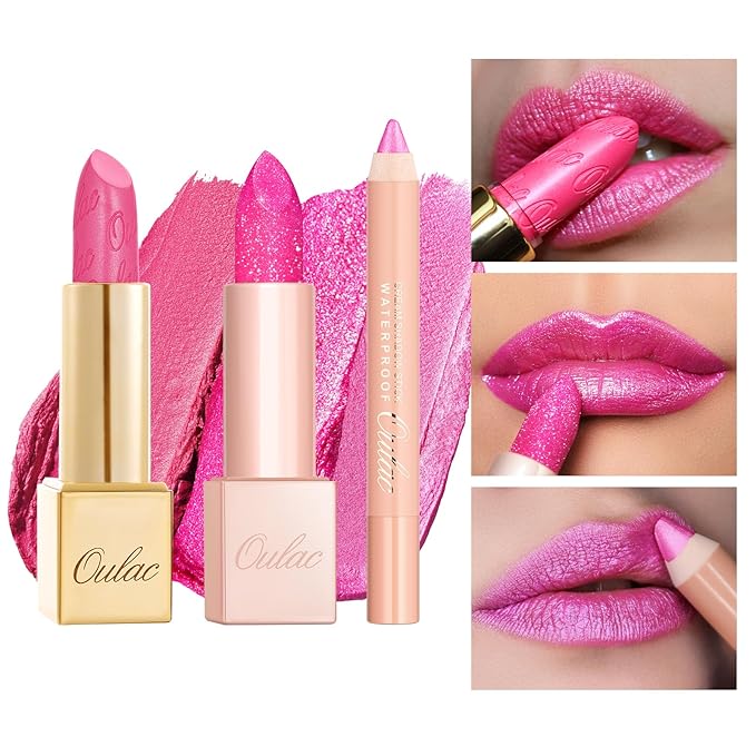 Oulac 3PCS Pink Lipstick Set | Metallic Lipstick, Moisturizing Lipstick, Lip Liner Stick | Smooth & Vegan | Ideal for Makeup Enthusiasts