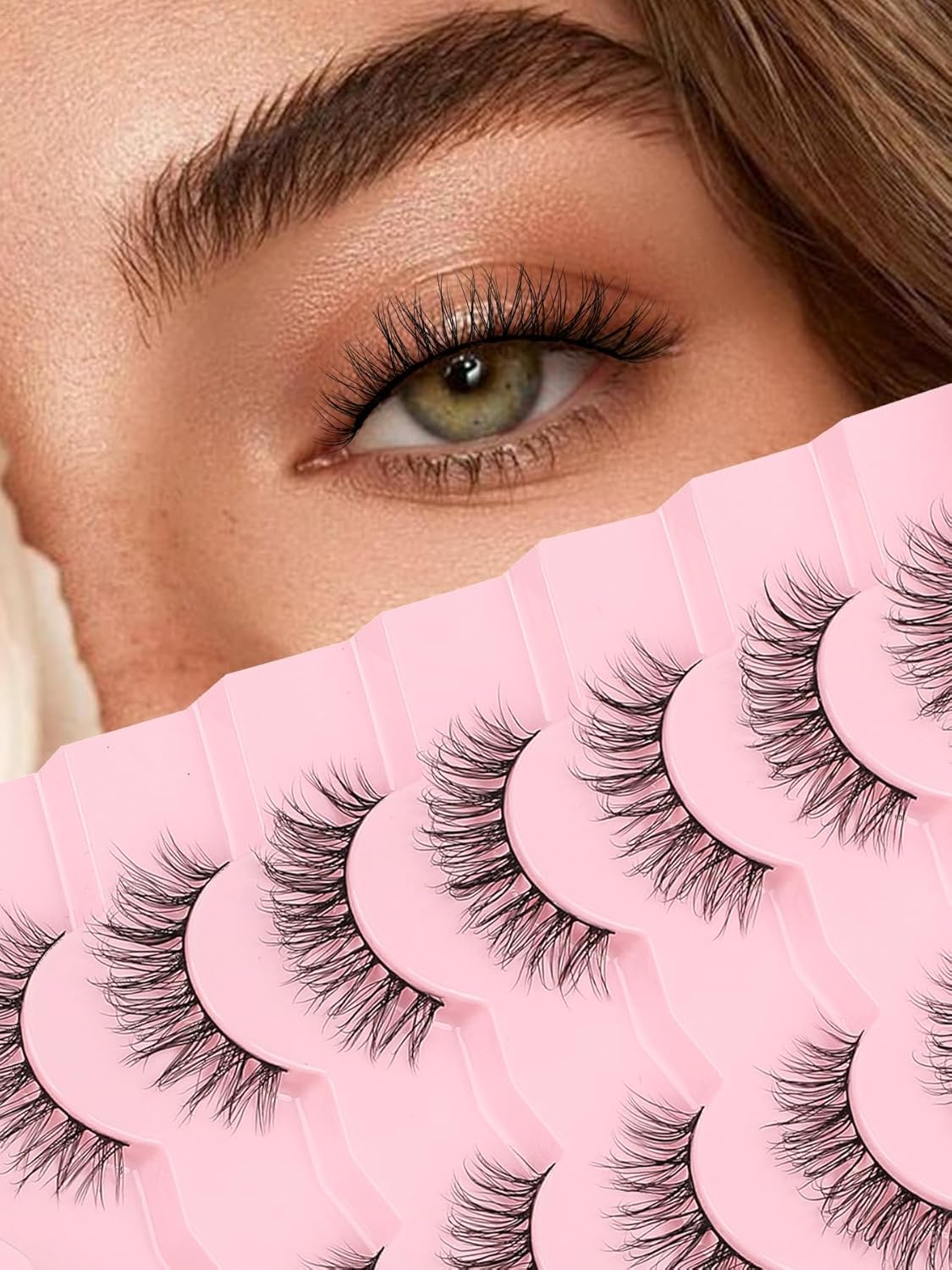 Lashes Natural Wispy Eyelashes 15mm Strip Lashes Pack False Eyelashes 0.1MM Thin Band C Curl Eye Lashes 3D Volume False Eyelashes Siligli Lashes 7 Pair