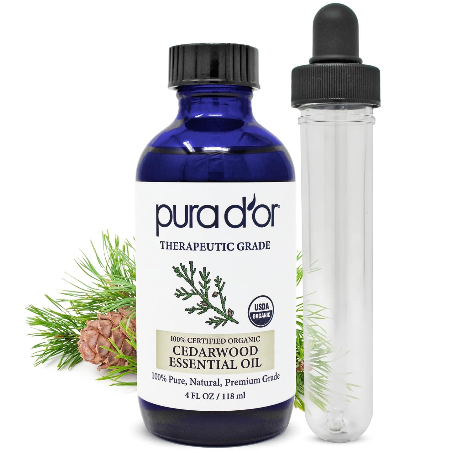 PURA D'OR Organic Cedarwood Essential Oil (4oz with Glass Dropper) 100% Pure & Natural Therapeutic Grade for Hair, Body, Skin, Aromatherapy Diffuser, Relaxation, Massage, Odors, Home, DIY Soap