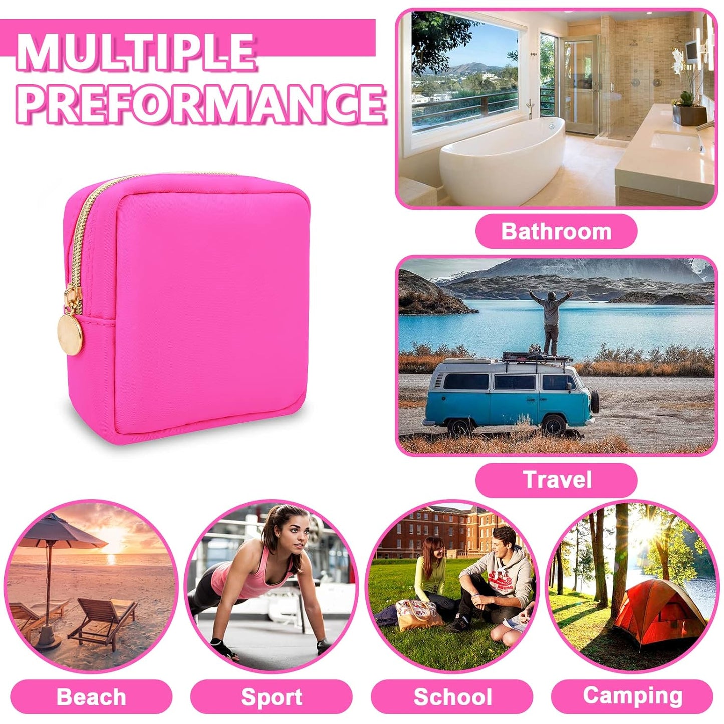 Mini Makeup Pouch for Purse, Small Cosmetic Bag Pouch Nylon Travel Toiletry Organizers for Women Girls, Cute Zipper Pouch Coin Purse Preppy Storage Bag for School Work(Mini-Bubblegum)