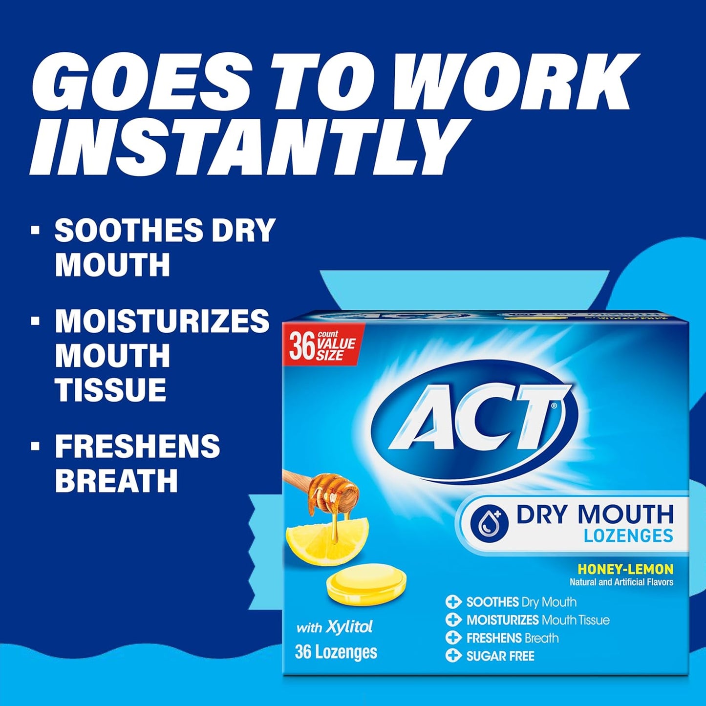 Act Dry Mouth Lozenges with Xylitol, Soothes, Moisturizes & Freshens, Honey-Lemon, Value Size, 36 ct., 2 pk