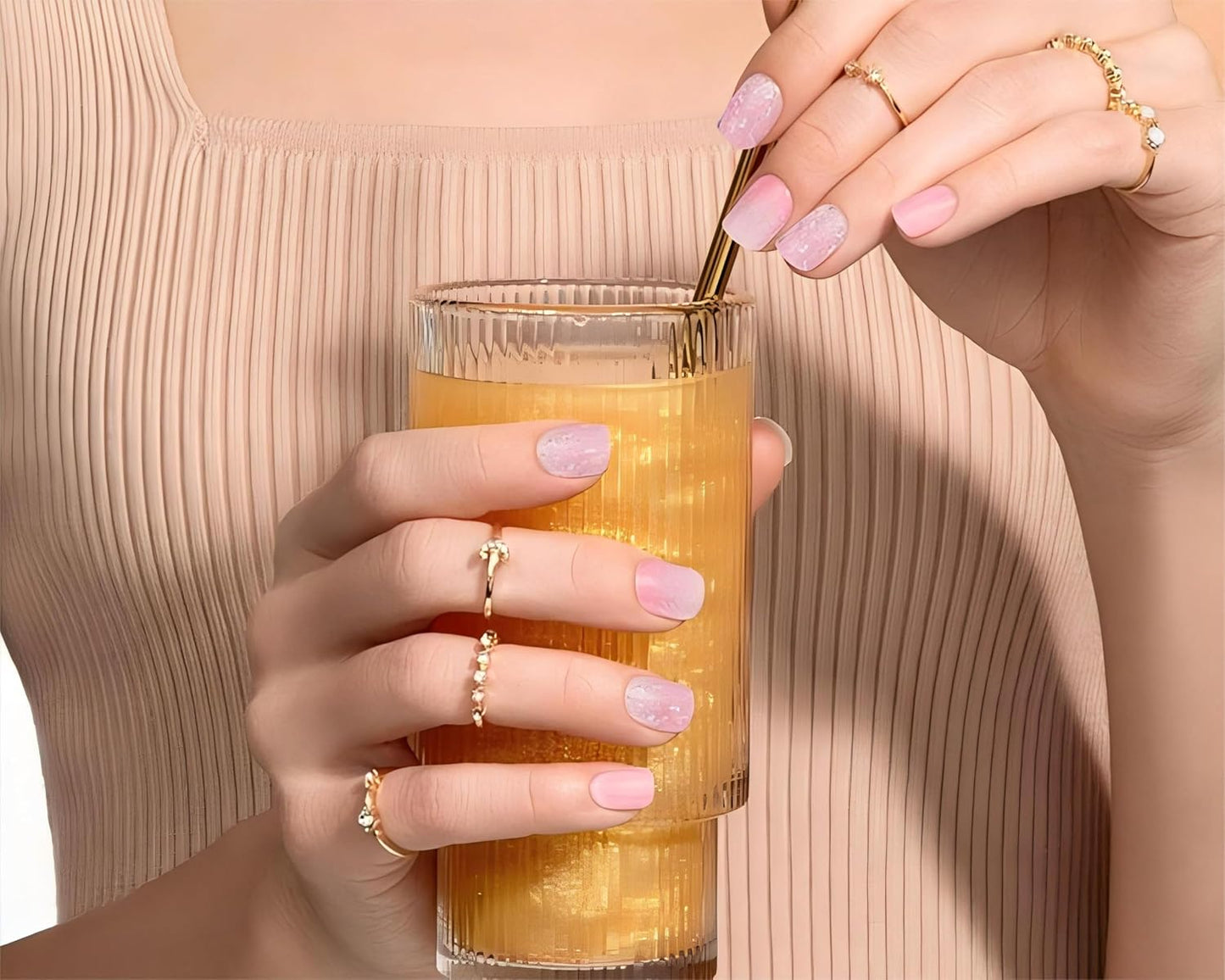 Gloss Nail Strips|Uv Free|22 Pcs,Gel Nail Stickers|Long Lasting Two Weeks and Easy to Apply&Remove|Pink Sequins 1