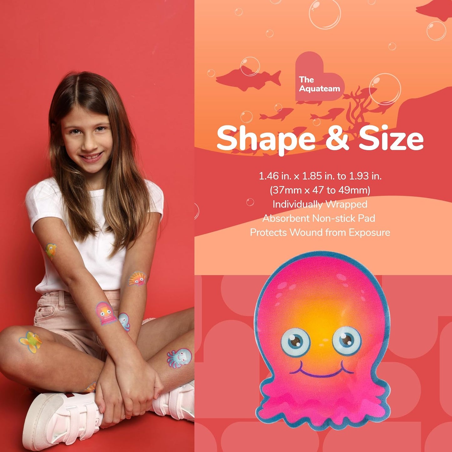 BioSwiss Kids Bandages, Aquateam Sea Creatures Shaped Self Adhesive Bandage Set, Latex Free, Sterile Wound Care, 24 Count