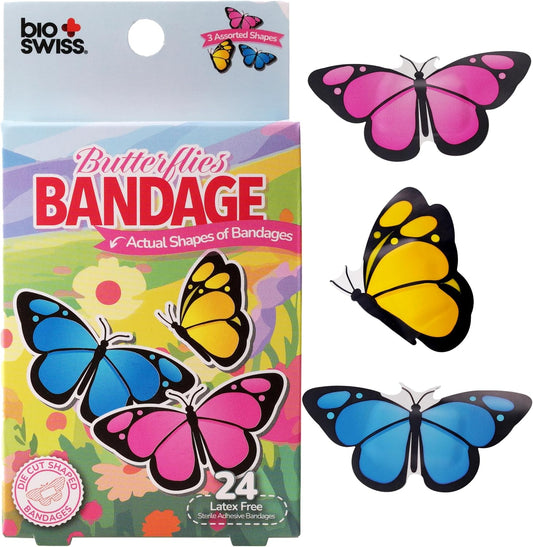 BioSwiss Kids Bandages, Butterfly Shaped Self Adhesive Bandage Set, Latex Free, Sterile Wound Care, 24 Count