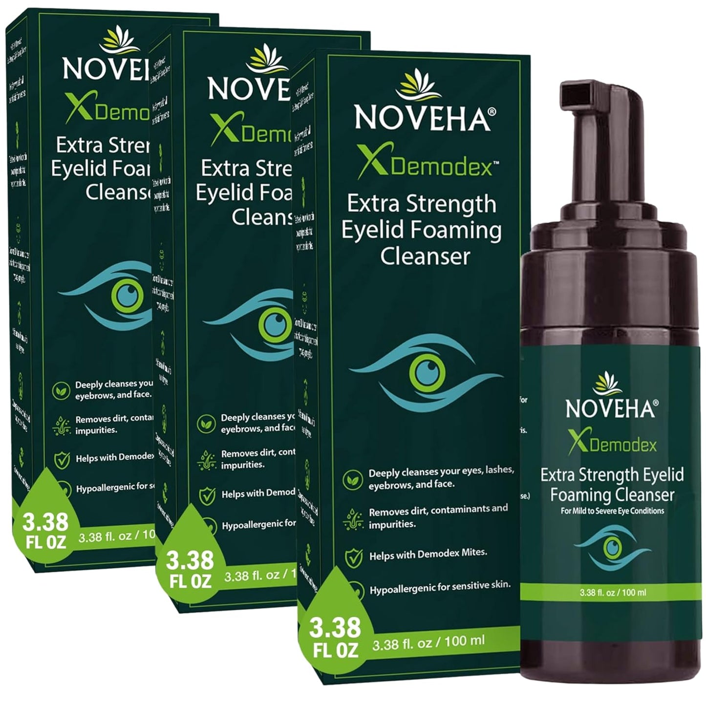 NOVEHA Demodex Eyelid Cleanser Foam | Extra Strength Tea Tree Oil Formula | Daily Face Wash For Eyelash, Demodex, MGD, Stye Eyes, Eye Irritations & Skin Dryness, 3.38 fl oz (3 Pack)