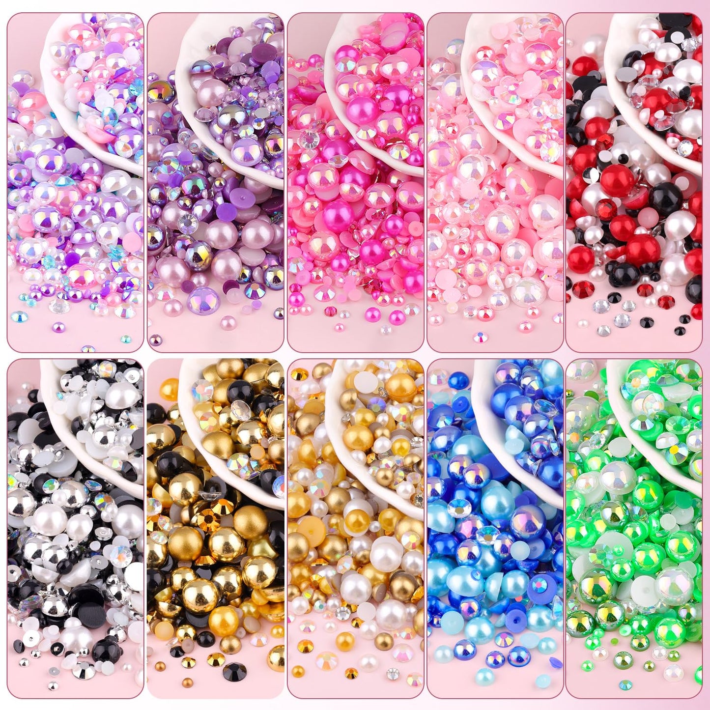 80g Flatback Pearls and Rhinestones for Crafting, Dark Pink Mixed Size 3-10mm Resin Rhinestones and Half Pearls for Bedazzling, Nail Art and Decoration with Tweezer and Pickup Pencil