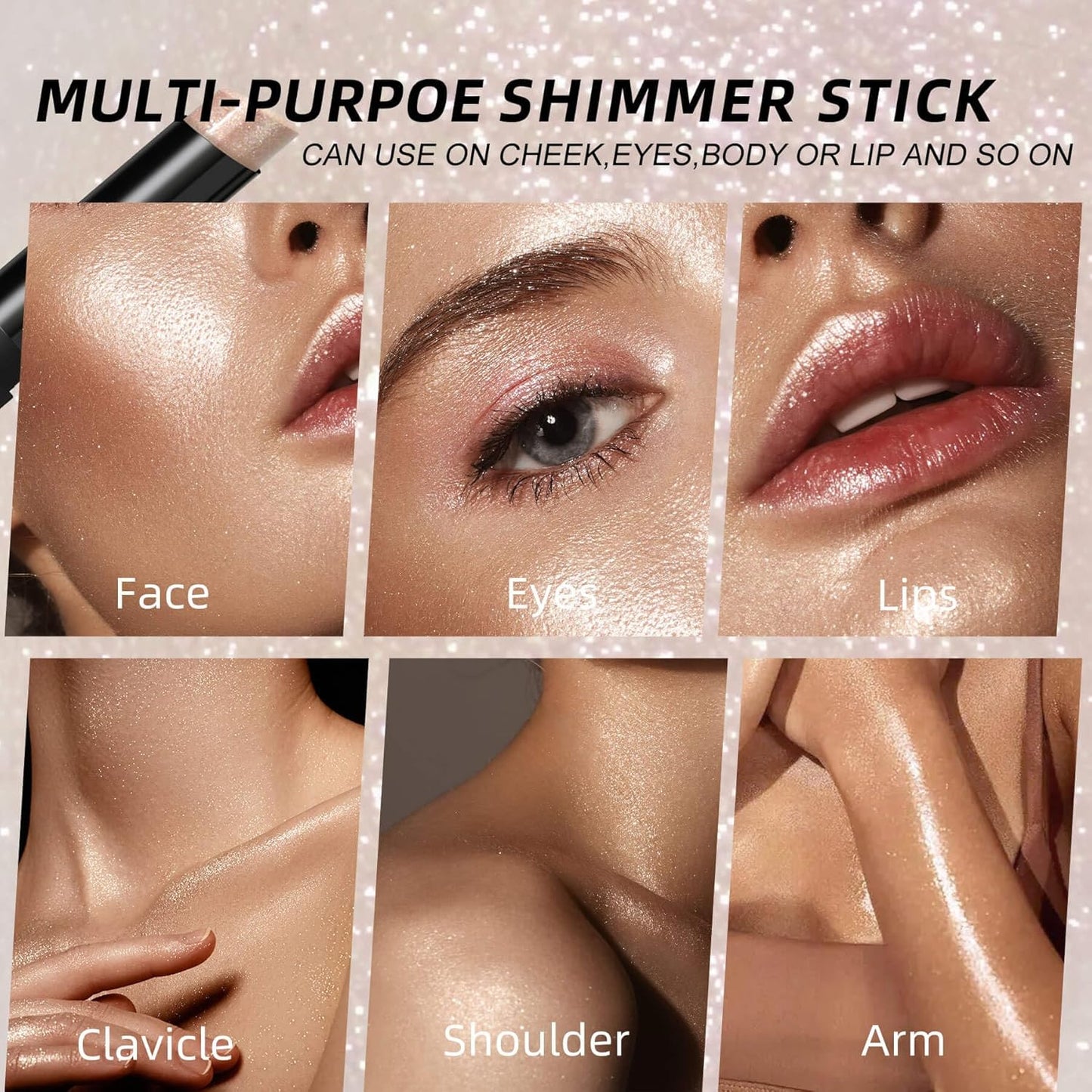 Shimmer Stick for Eyes, Lips, Face and Body Cream Highlight Eyeshadow, Multi-Use Diamond Like Shine, Moisturizing Formula Sheer Finish, Rose Gold Undertone Silver Sparkle