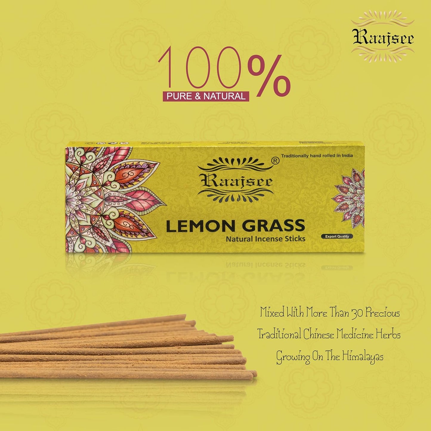 Raajsee Incense Sticks Lemon Grass 100 gm Pack-100% Pure Organic Natural Hand Rolled Free from Chemicals-Perfect for Church, Aromatherapy,Relaxation,Meditation,Positivity & Sensual Therapy